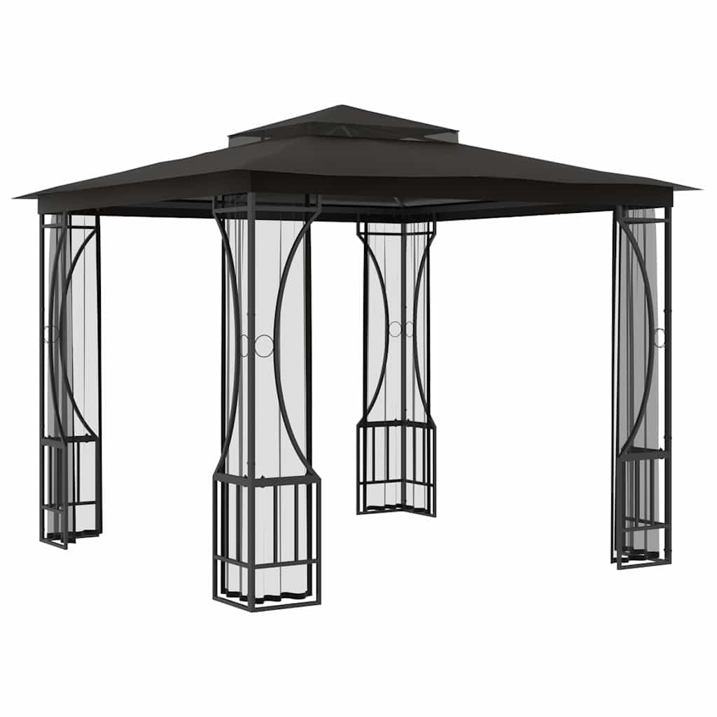 Steel Frame Outdoor Gazebo with Nets 9.8x9.8x8.7 ft, Anthracite Party Tent with Detachable Drapes F113