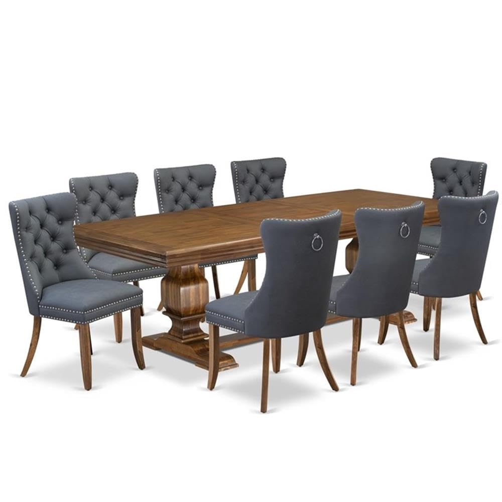 9-Piece Acacia Wood Dining Table Set with 8 Faux Leather Chairs W37482