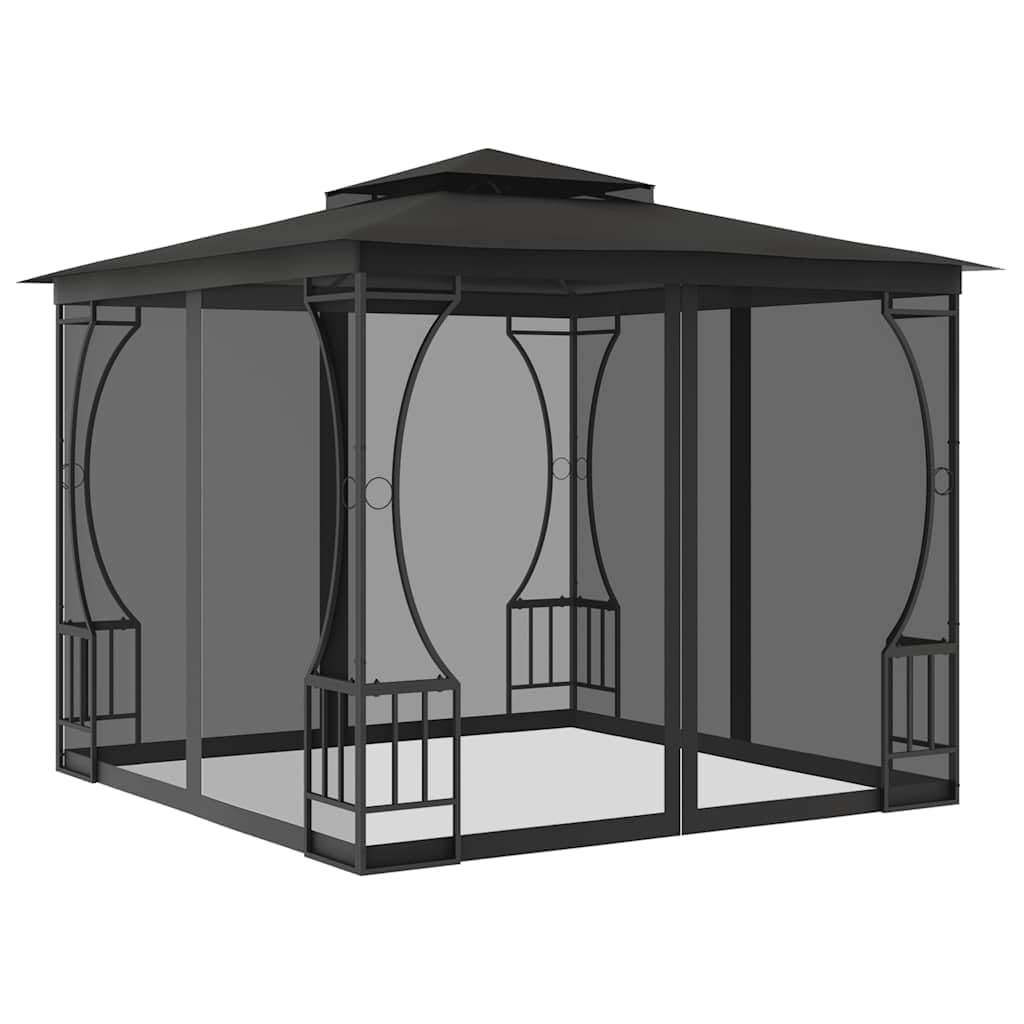 Steel Frame Outdoor Gazebo with Nets 9.8x9.8x8.7 ft, Anthracite Party Tent with Detachable Drapes F113