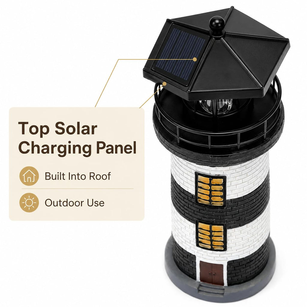 Solar Lighthouse Garden Light, Resin Outdoor Lighthouse Ornament with Rotating LED Beacon L126