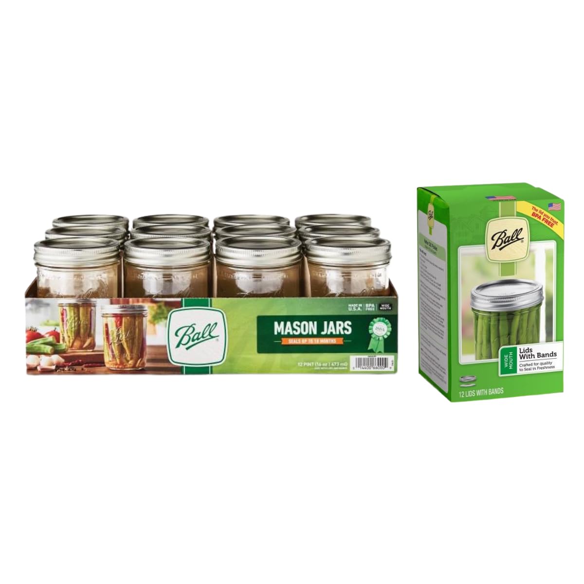 Wide Mouth Glass Mason Jars with Lids and Bands, 12 Pint Size 16 Ounce Q623
