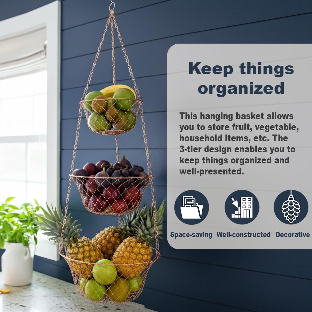 3 Tier Heavy Duty Wire Fruit and Vegetable Basket with Hooks B662240