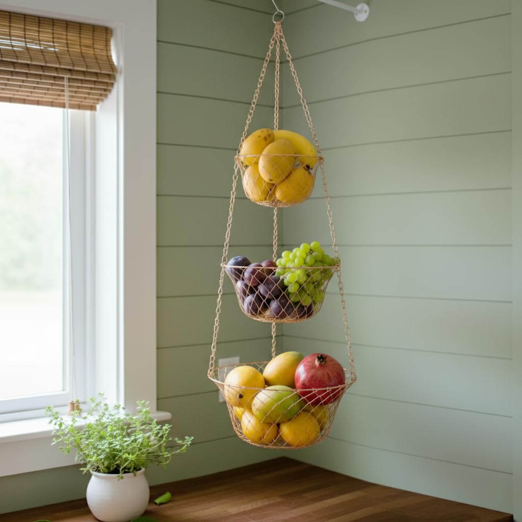 3 Tier Heavy Duty Wire Fruit and Vegetable Basket with Hooks B662240