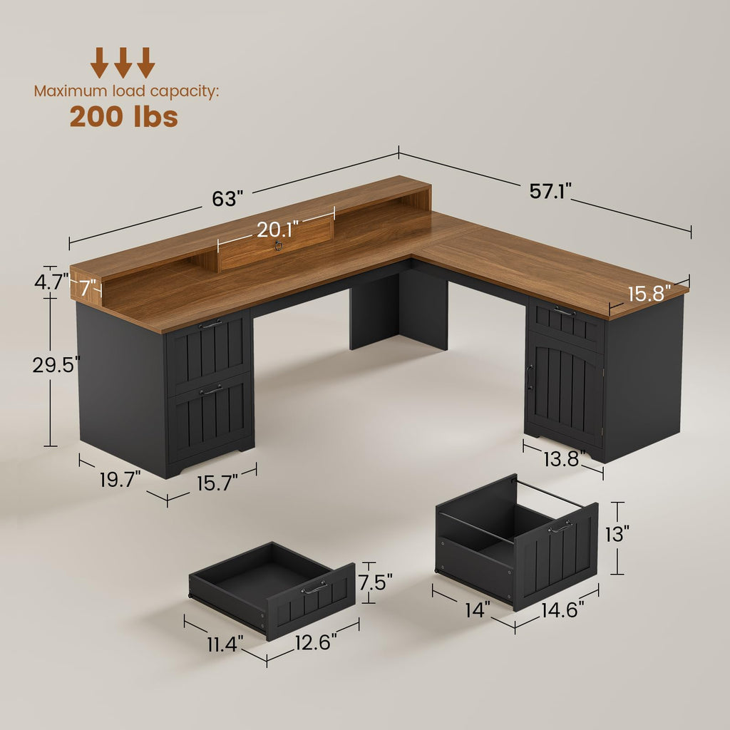63" L Shaped Desk with Drawers and Storage Cabinet O614398