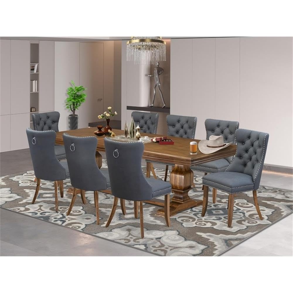 9-Piece Acacia Wood Dining Table Set with 8 Faux Leather Chairs W37482