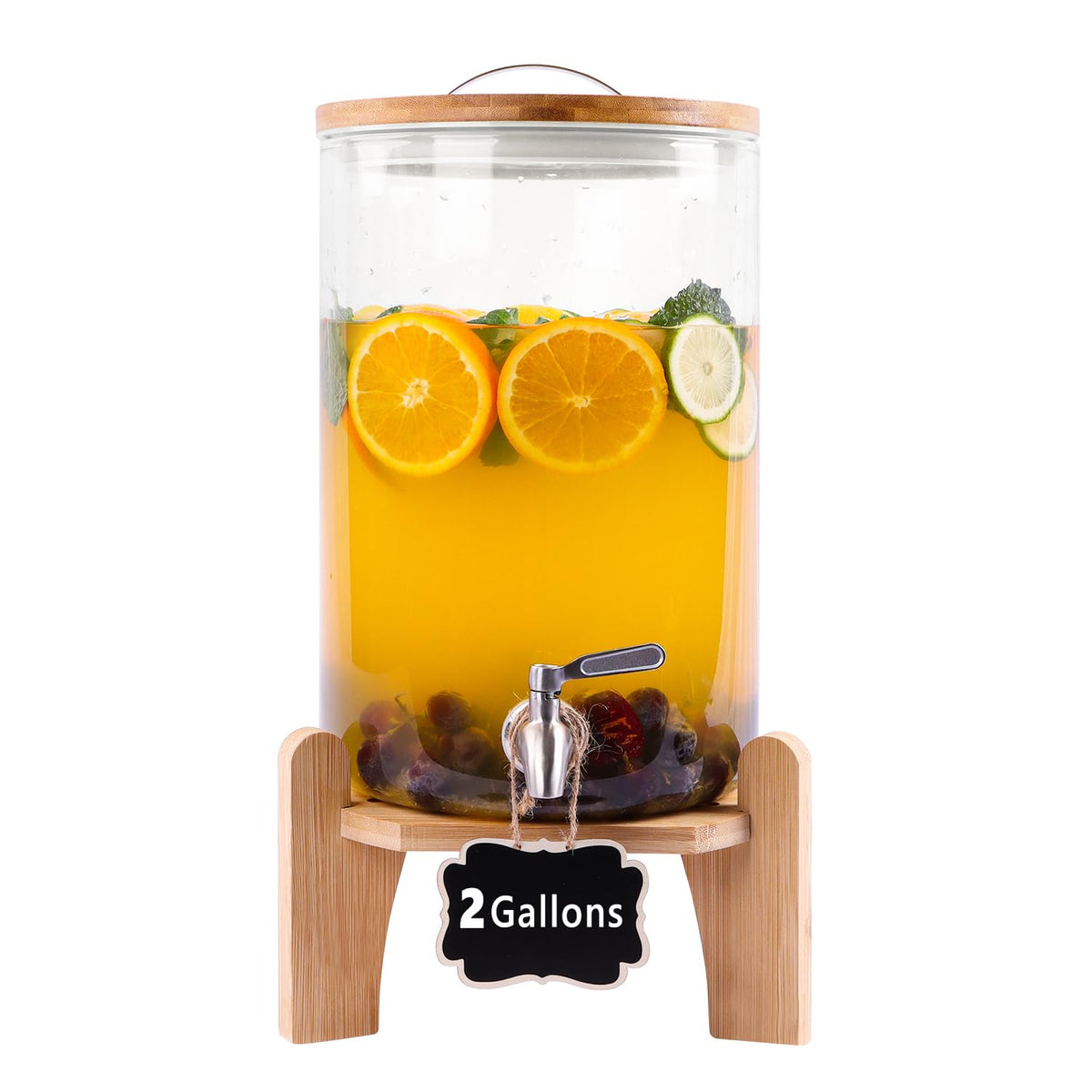 2 Gallon Glass Beverage Dispenser with Wood Stand and Stainless Steel Spigot H937982