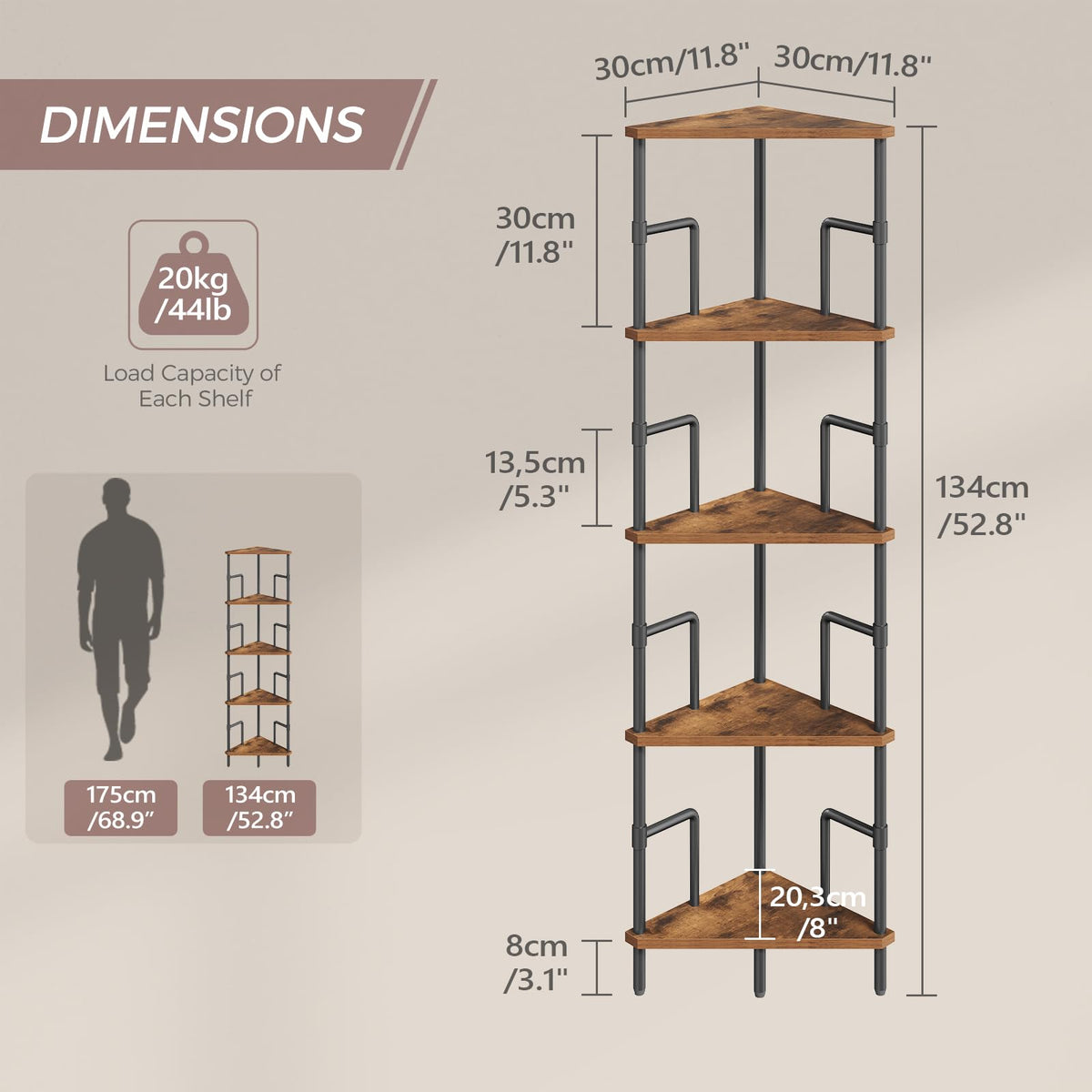 5-Tier Tall Corner Bookshelf with Metal Frame S5732