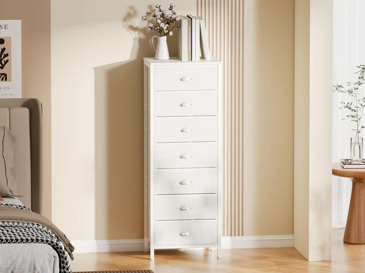 White Tall Dresser with Fabric Drawer N170