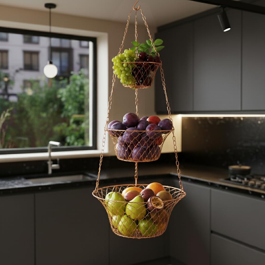 3 Tier Heavy Duty Wire Fruit and Vegetable Basket with Hooks B662240
