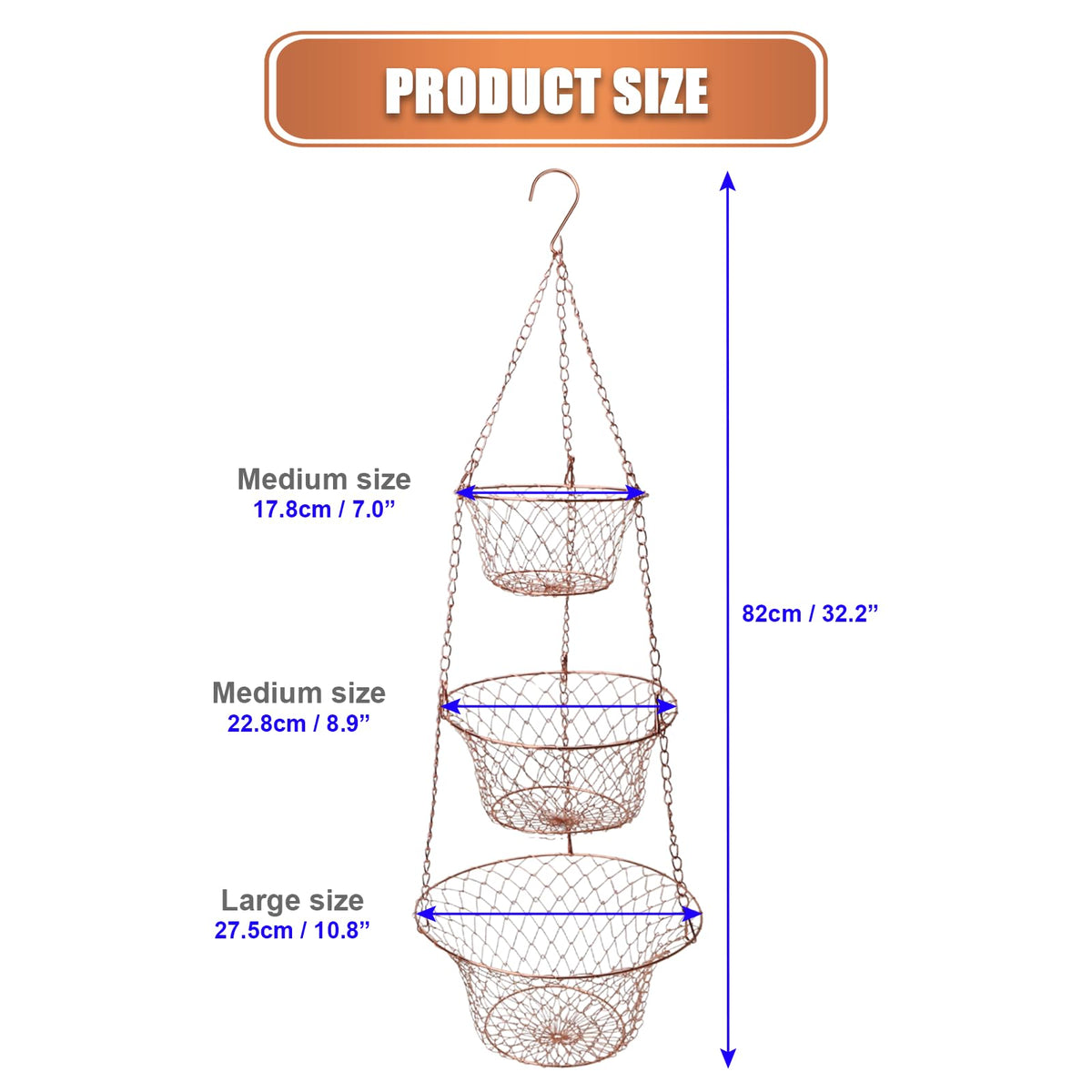 3 Tier Heavy Duty Wire Fruit and Vegetable Basket with Hooks B662240