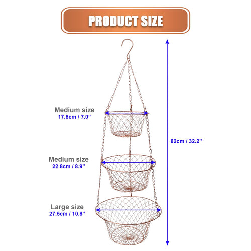 3 Tier Heavy Duty Wire Fruit and Vegetable Basket with Hooks B662240