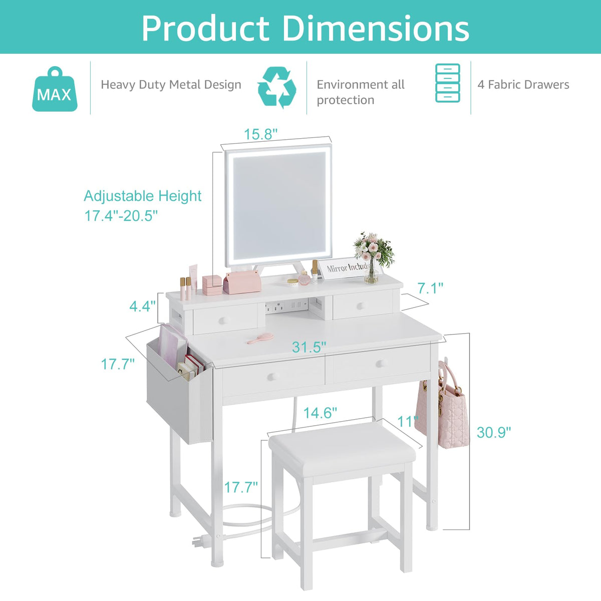 White Makeup Vanity Desk with Mirror and Lights, Chair and Drawers A493