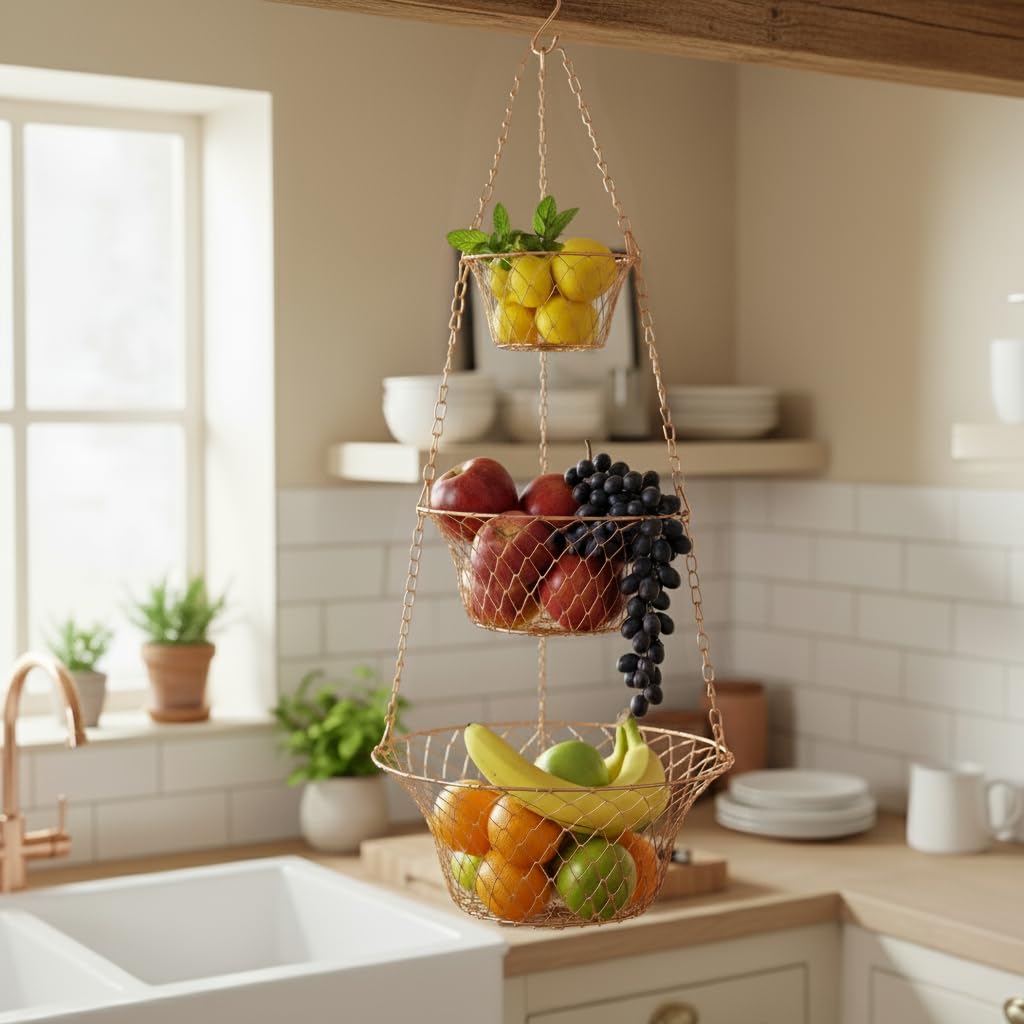 3 Tier Heavy Duty Wire Fruit and Vegetable Basket with Hooks B662240