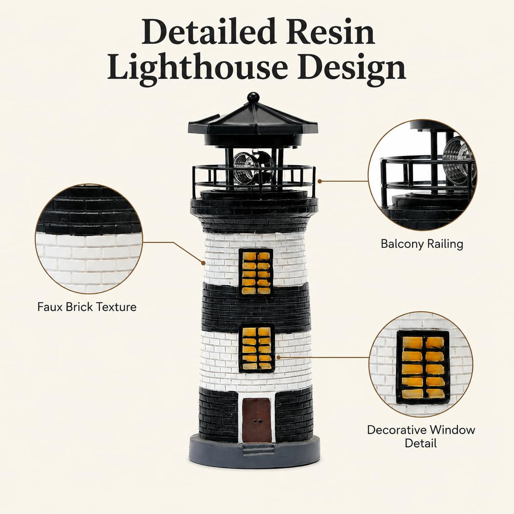 Solar Lighthouse Garden Light, Resin Outdoor Lighthouse Ornament with Rotating LED Beacon L126