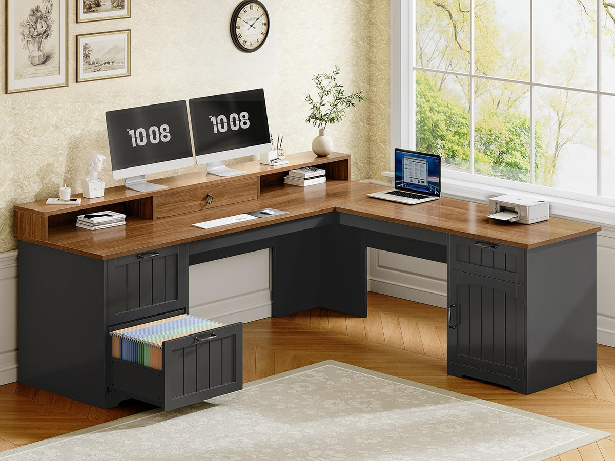 63" L Shaped Desk with Drawers and Storage Cabinet O614398