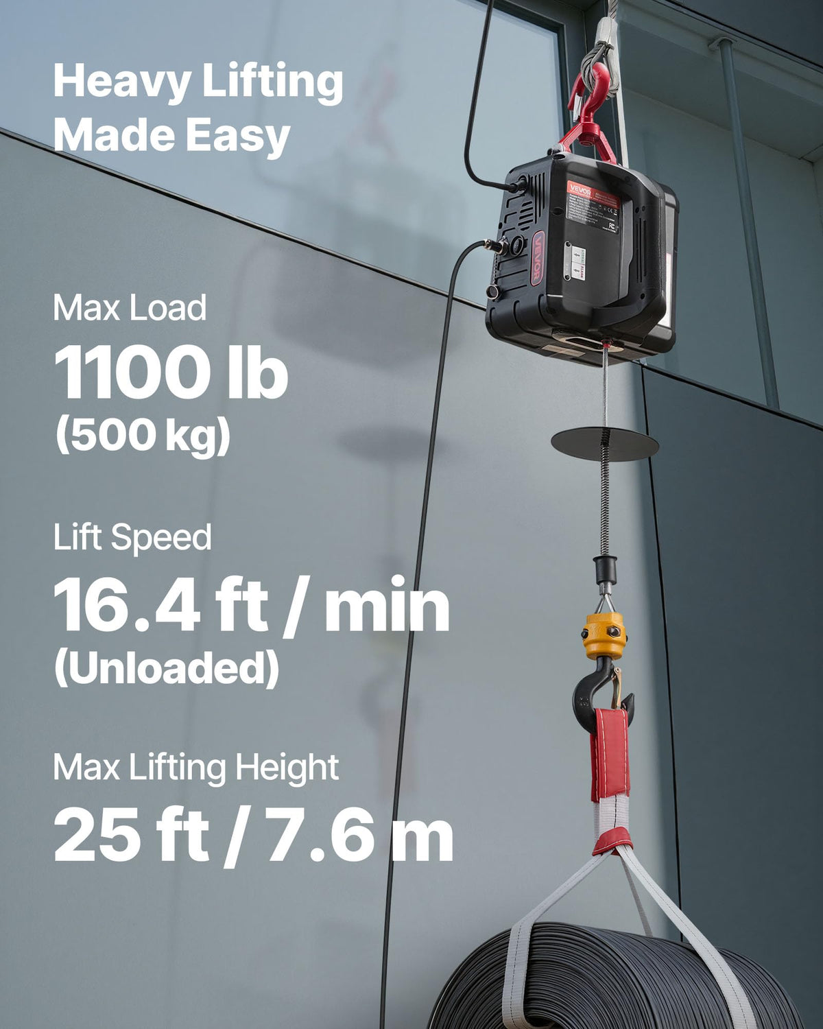 1100 lbs 1500W Electric Hoist Winch with Wired Remote Control R18198