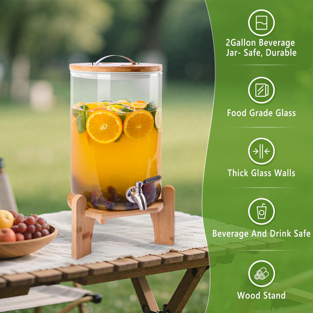2 Gallon Glass Beverage Dispenser with Wood Stand and Stainless Steel Spigot H937982
