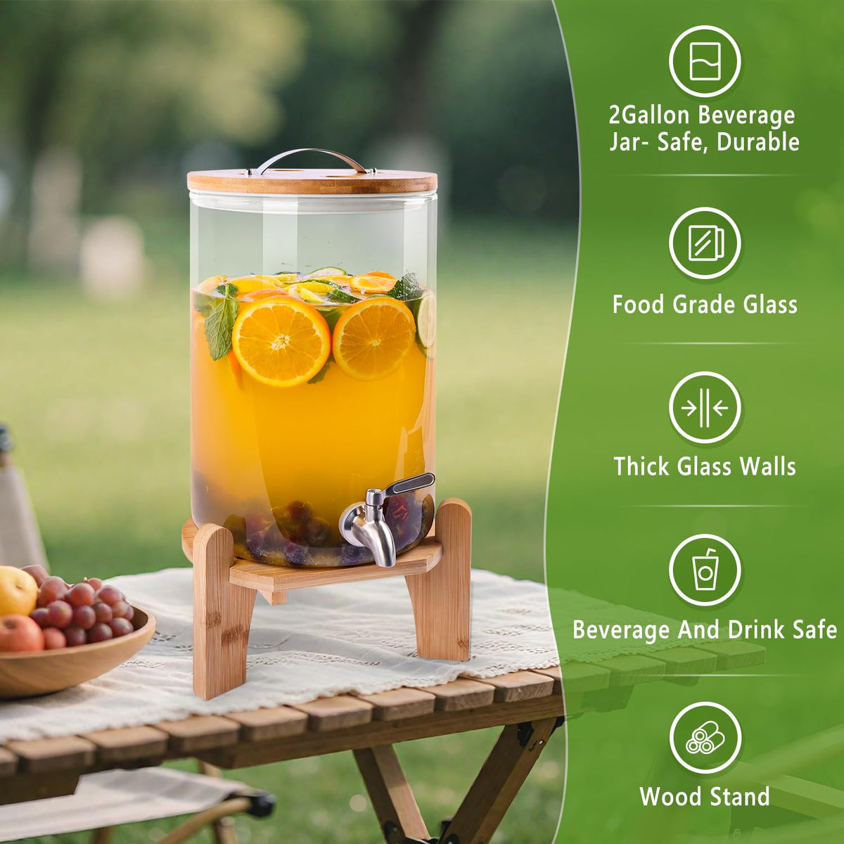 2 Gallon Glass Beverage Dispenser with Wood Stand and Stainless Steel Spigot H937982