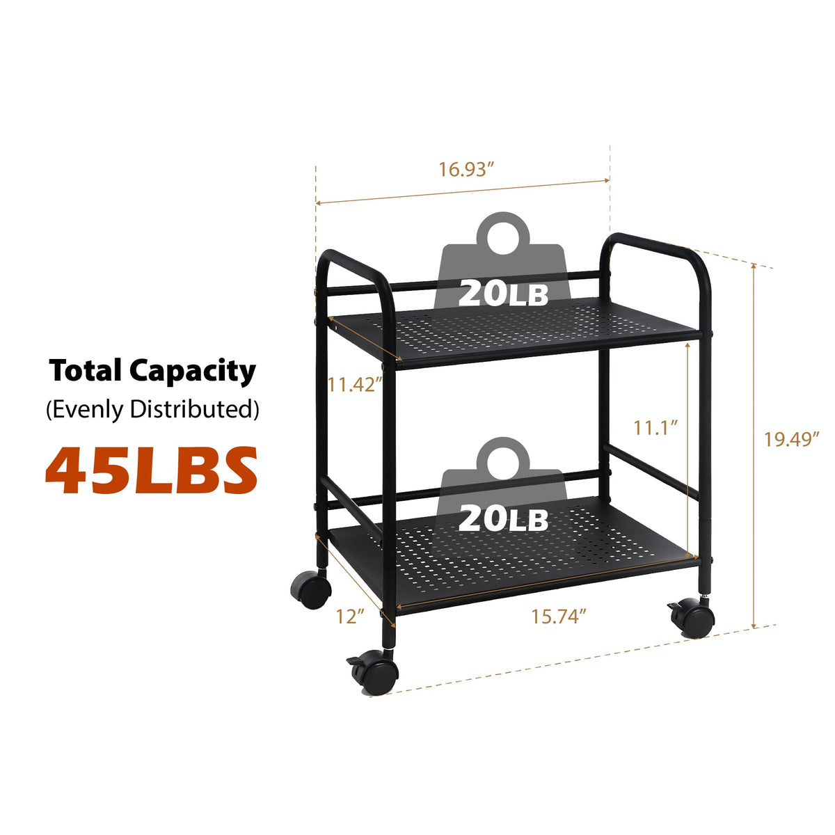 2-Tier Metal Rolling Utility Cart W723