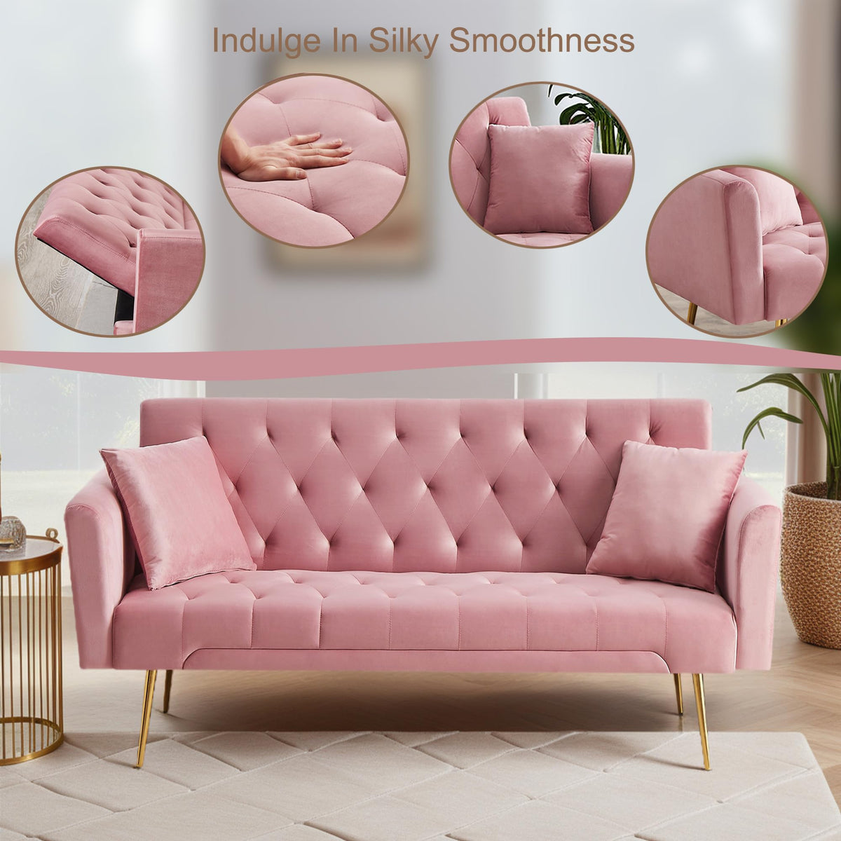 Modern Velvet Sofa Bed Futon with 2 Pillows N571