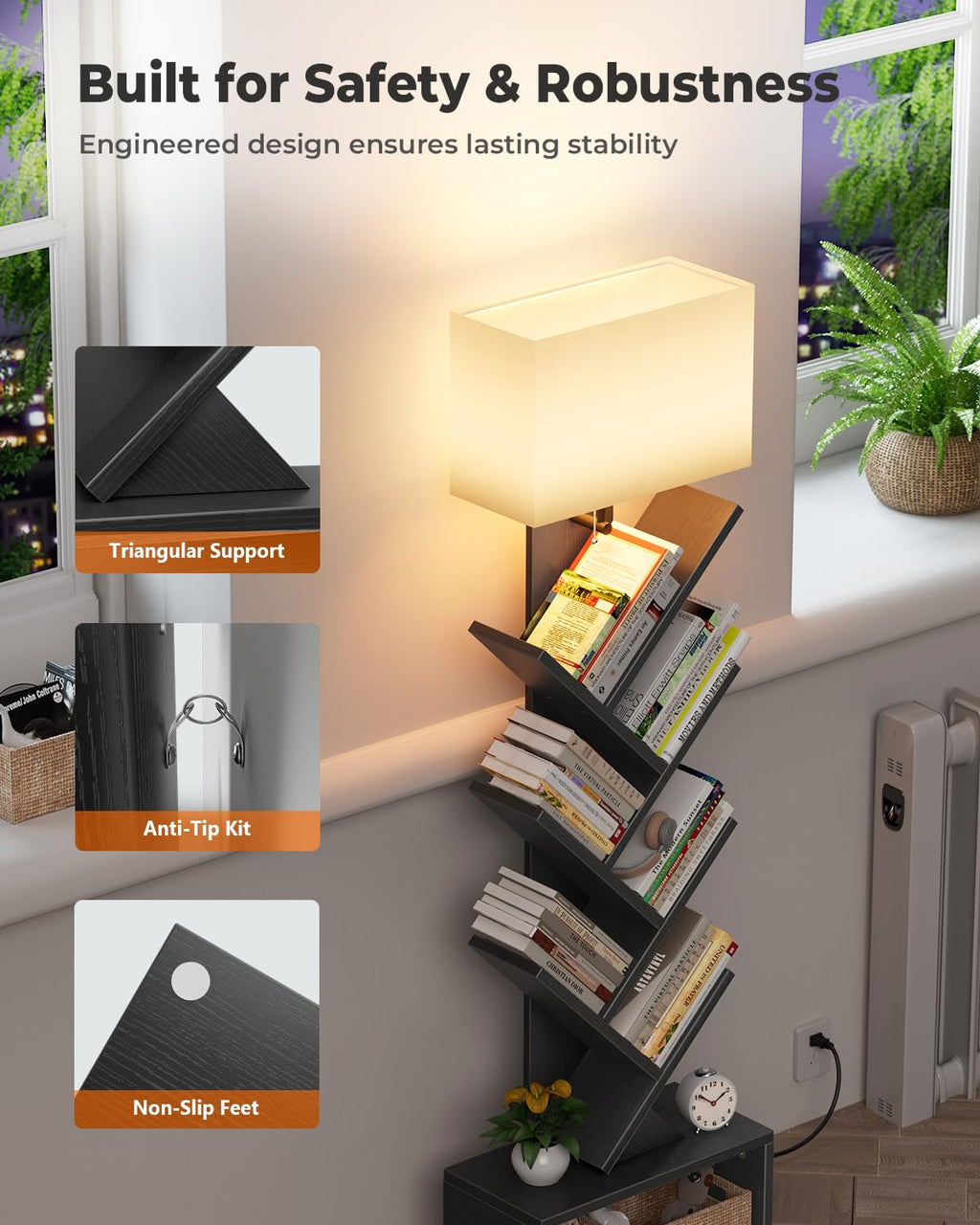 6 Tier Tree Bookshelf with Light, Black H704728