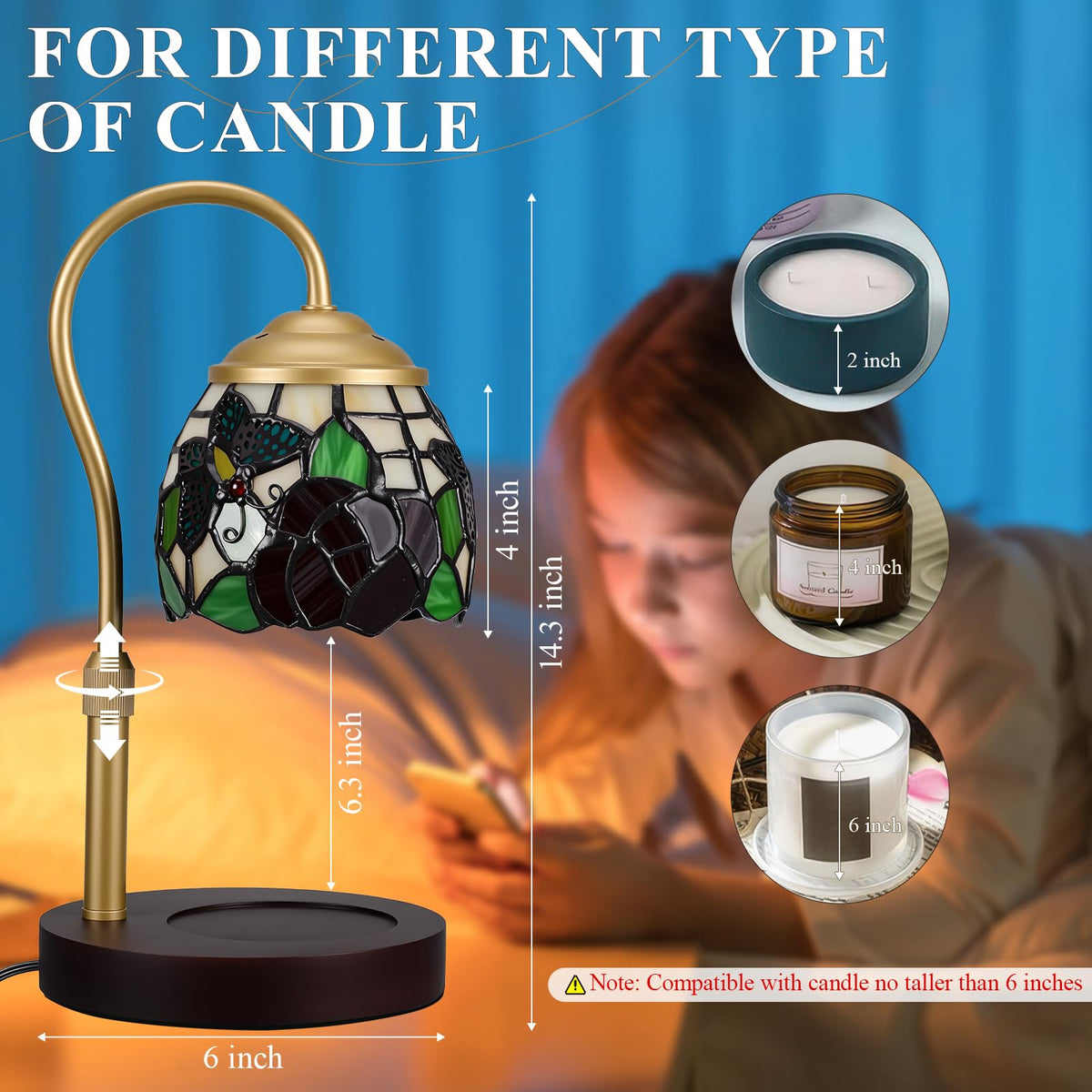 Candle Warmer Lamp with Timer Dimmer, Stained Glass, 2 Bulbs N622894