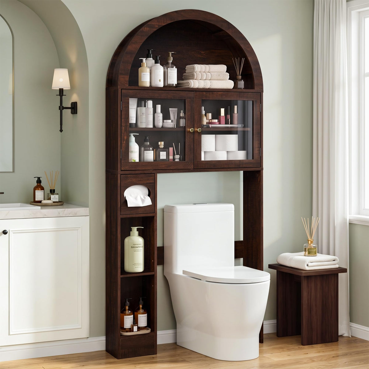 Over the Toilet Storage Cabinet with Arched Top, 68" Tall, Dark Walnut P648