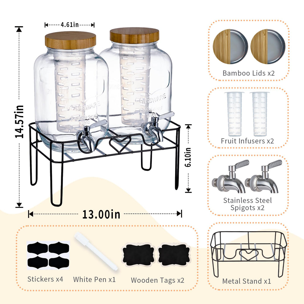2 Pack 1 Gallon Glass Drink Dispenser with Stand and Fruit Infuser Z478