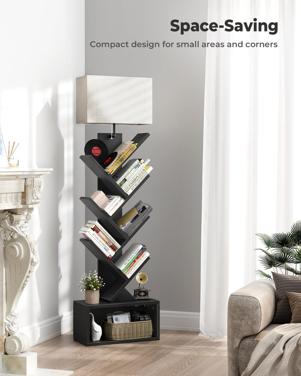 6 Tier Tree Bookshelf with Light, Black H704728