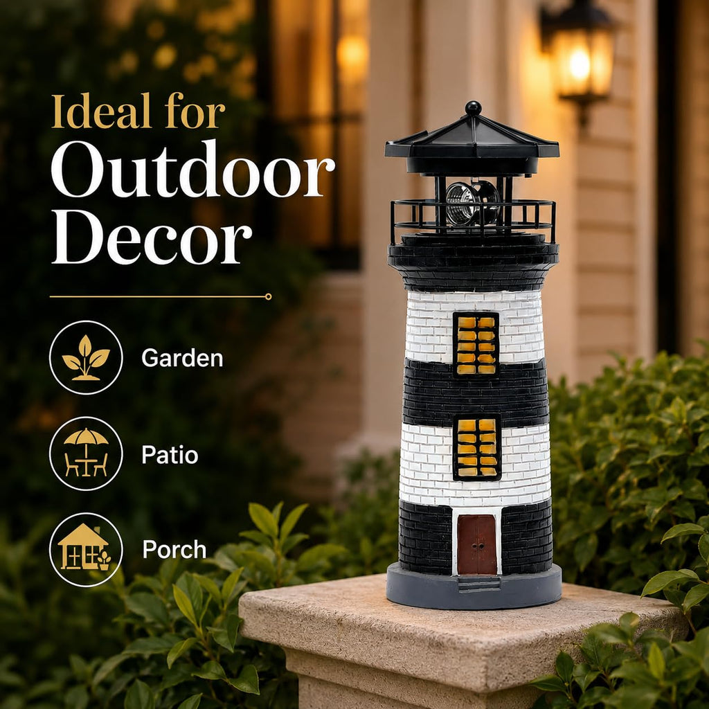 Solar Lighthouse Garden Light, Resin Outdoor Lighthouse Ornament with Rotating LED Beacon L126