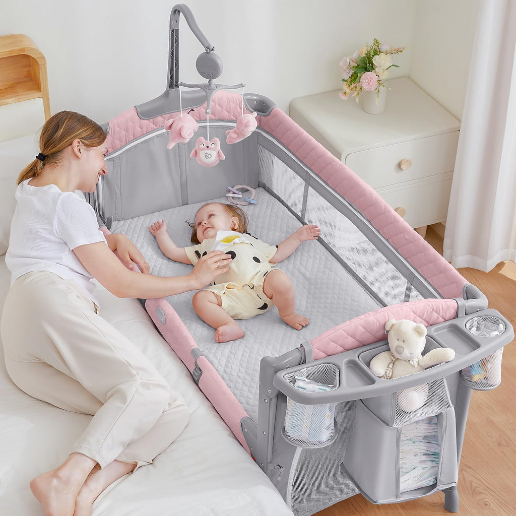Pink Baby Bassinet Bedside Crib with Mattress F86915