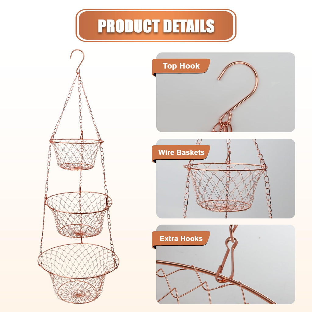 3 Tier Heavy Duty Wire Fruit and Vegetable Basket with Hooks B662240