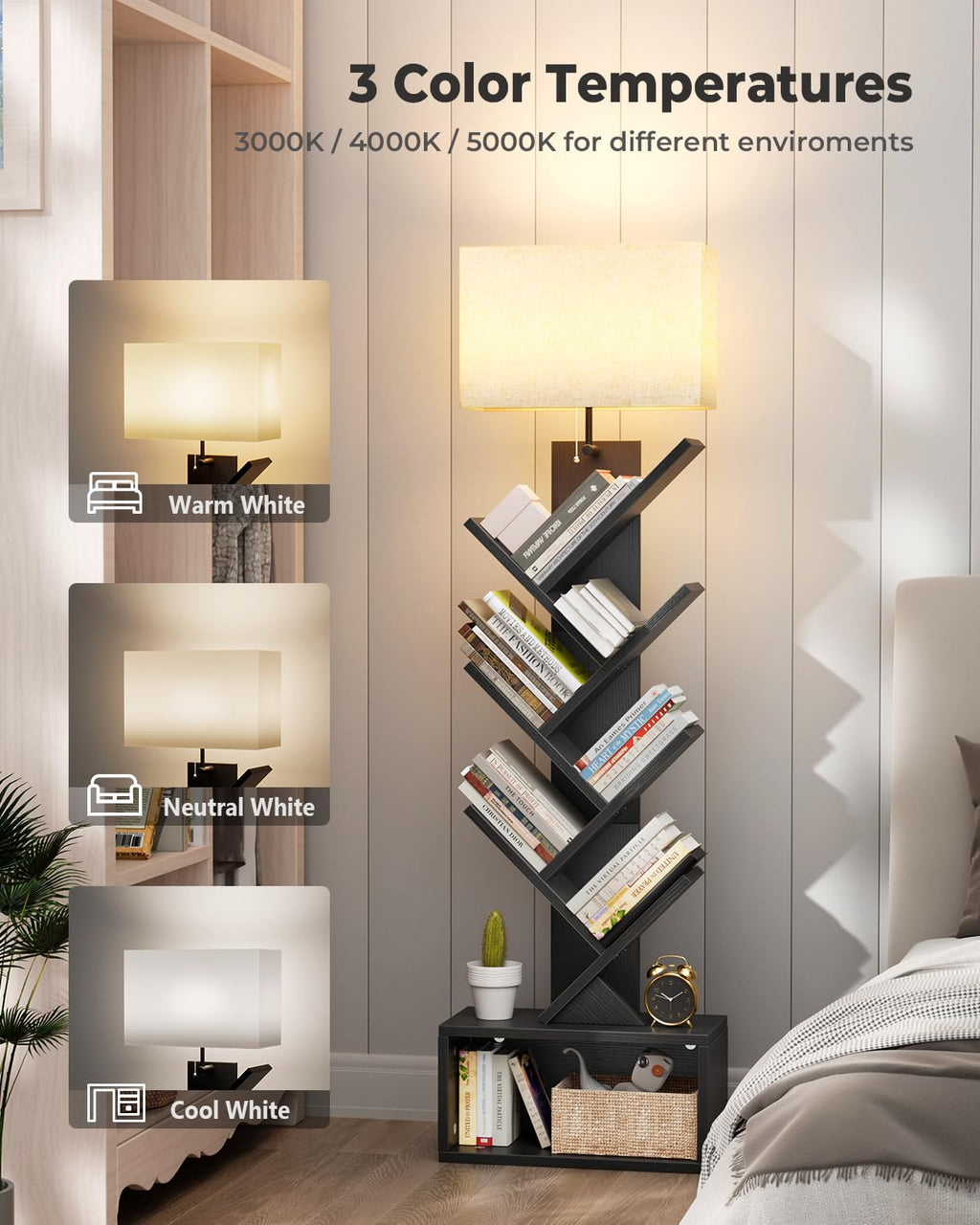 6 Tier Tree Bookshelf with Light, Black H704728