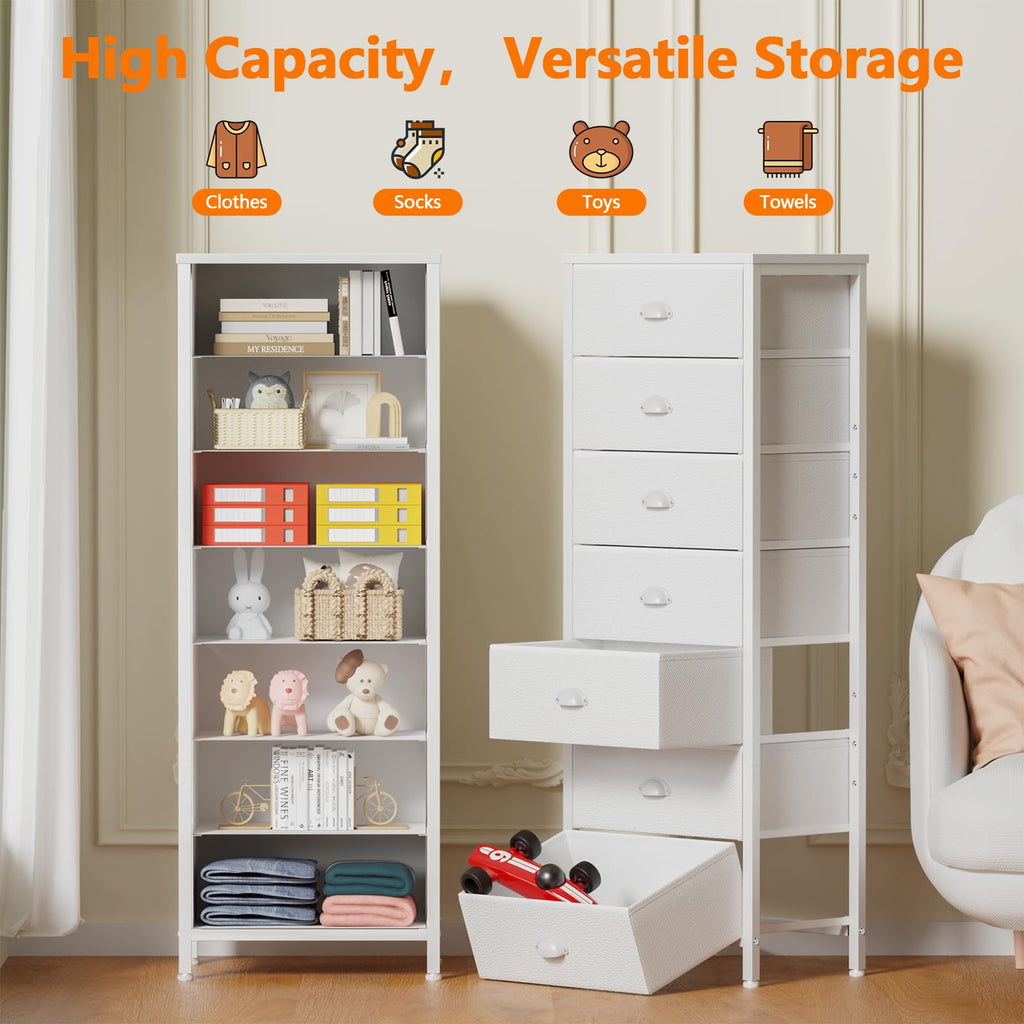 White Tall Dresser with Fabric Drawer N170