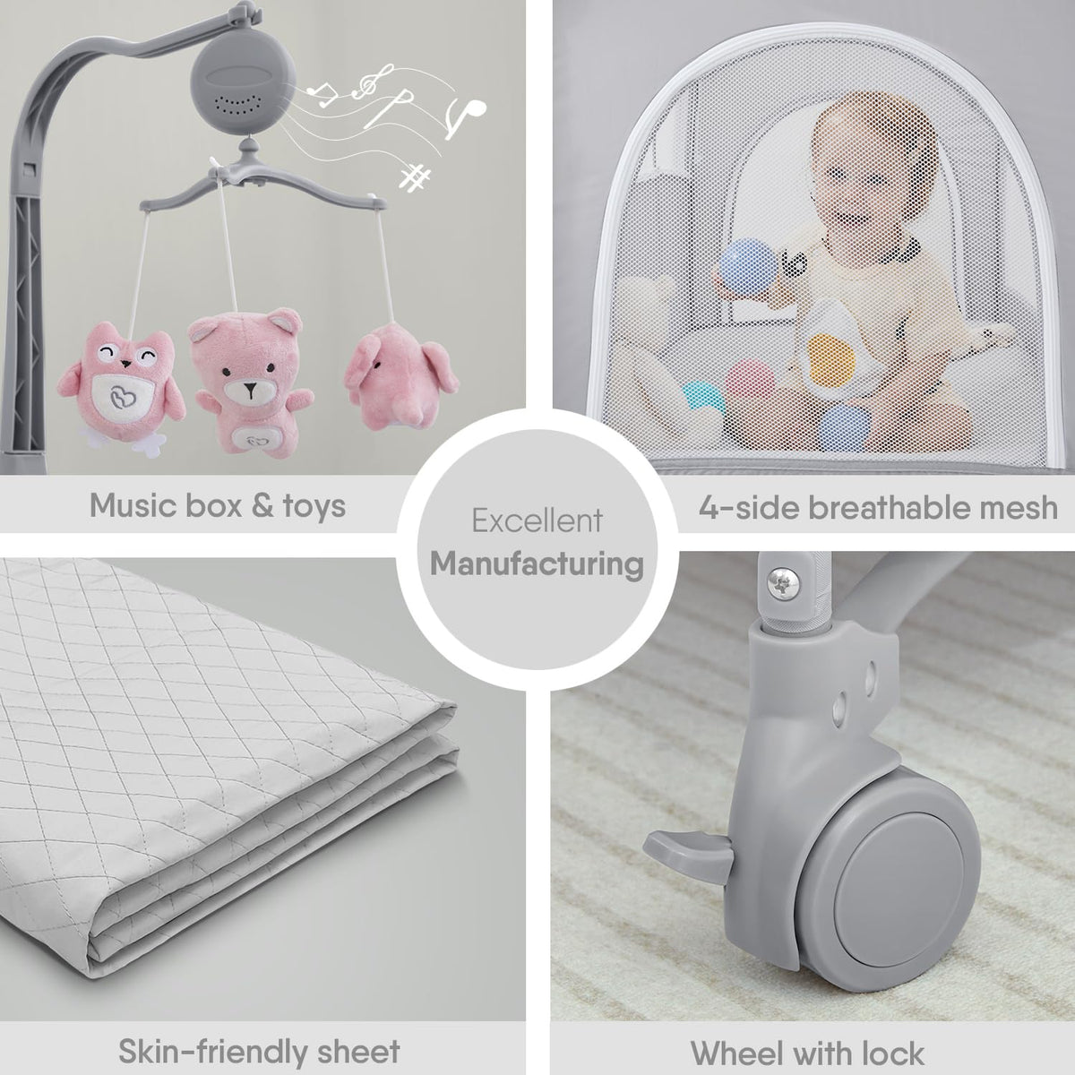 Pink Baby Bassinet Bedside Crib with Mattress F86915