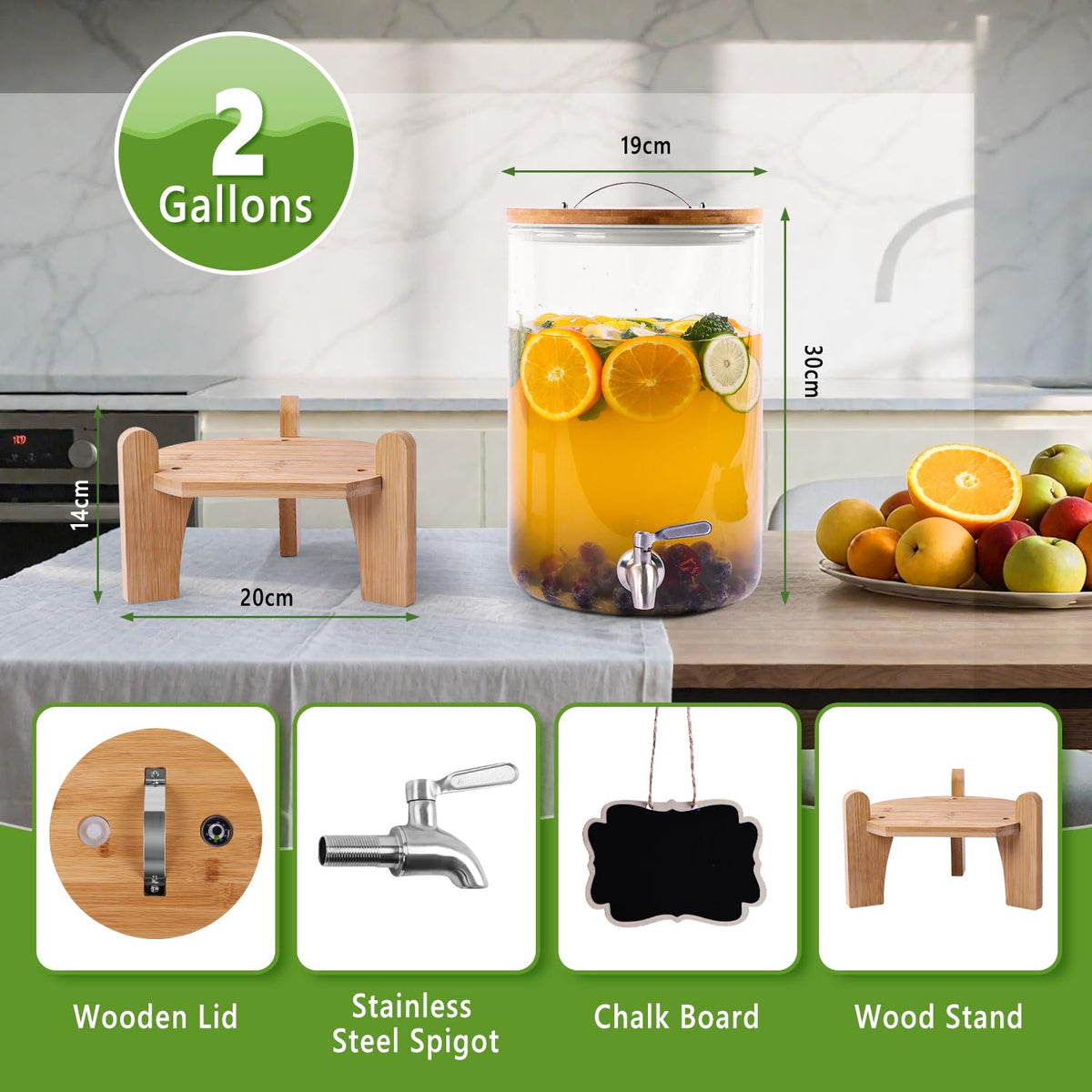 2 Gallon Glass Beverage Dispenser with Wood Stand and Stainless Steel Spigot H937982