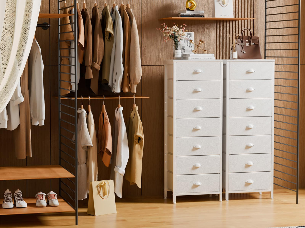 White Tall Dresser with Fabric Drawer N170
