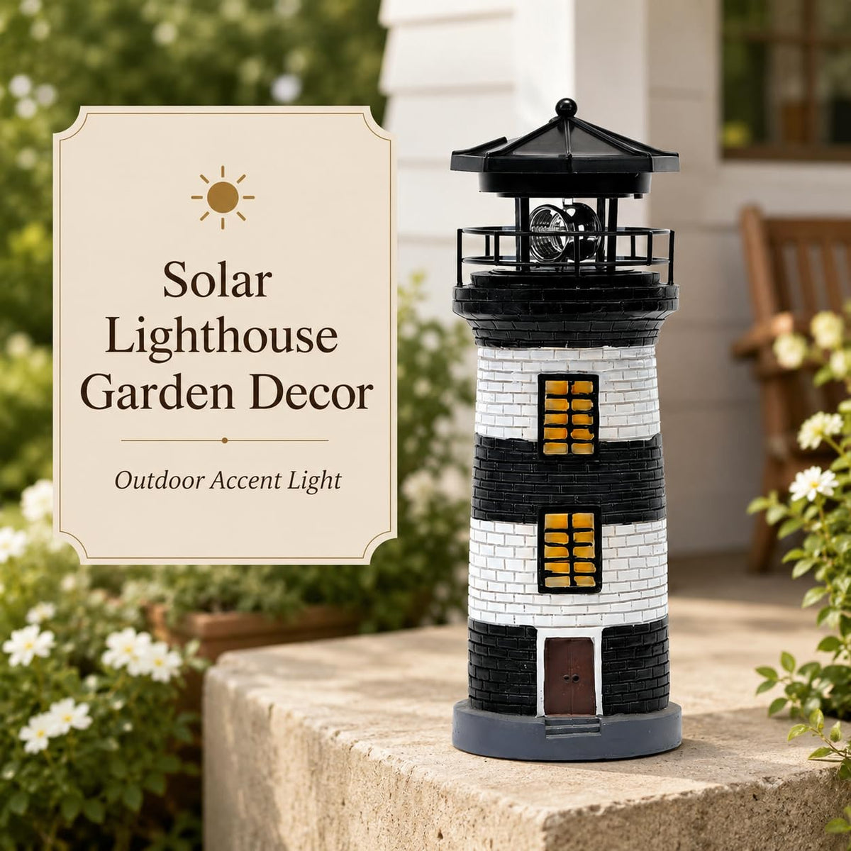 Solar Lighthouse Garden Light, Resin Outdoor Lighthouse Ornament with Rotating LED Beacon L126