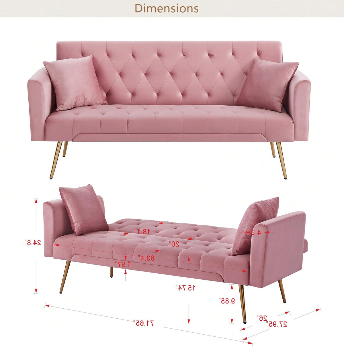 Modern Velvet Sofa Bed Futon with 2 Pillows N571