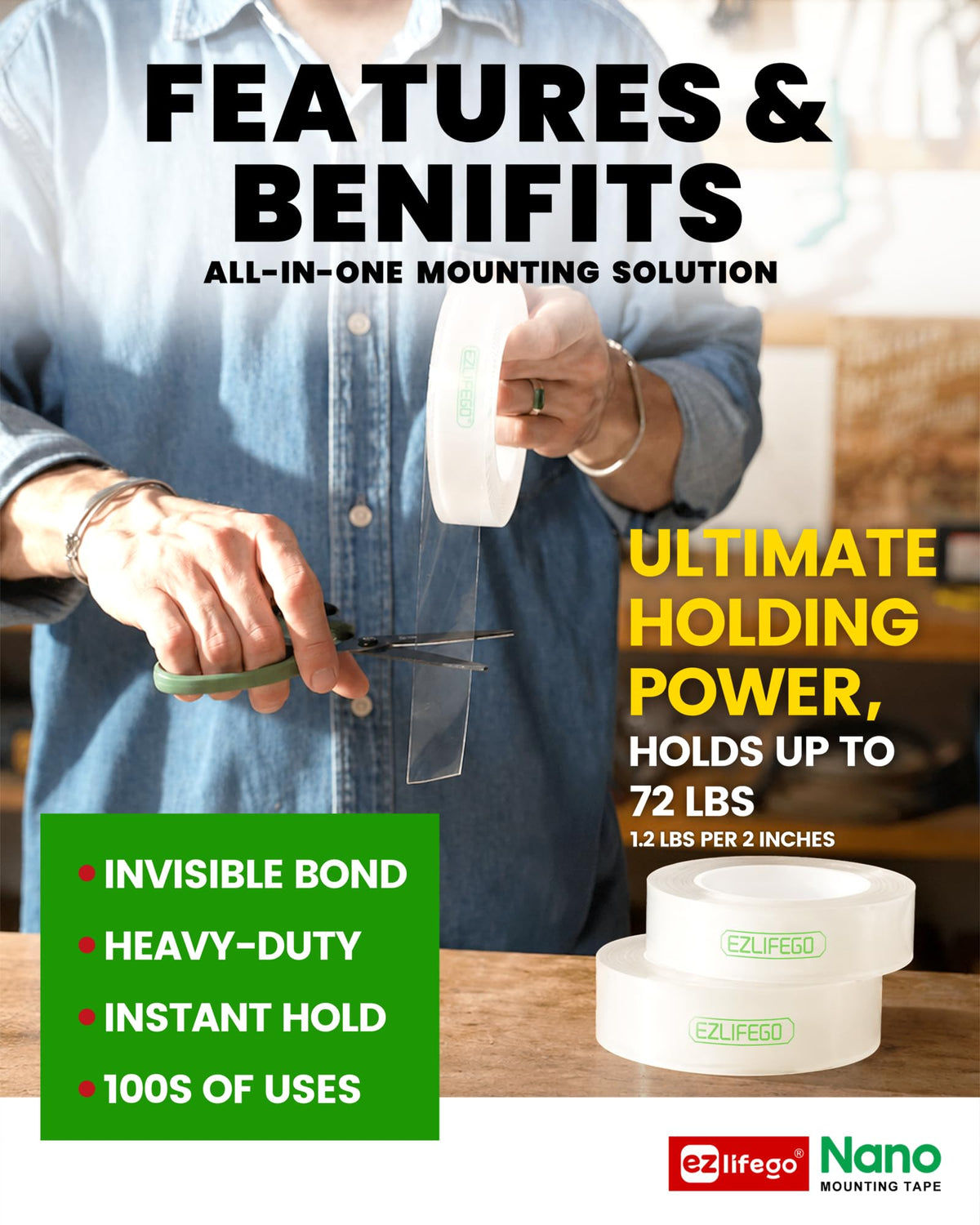 Heavy Duty Double Sided Mounting Tape, 9.85FT F341994