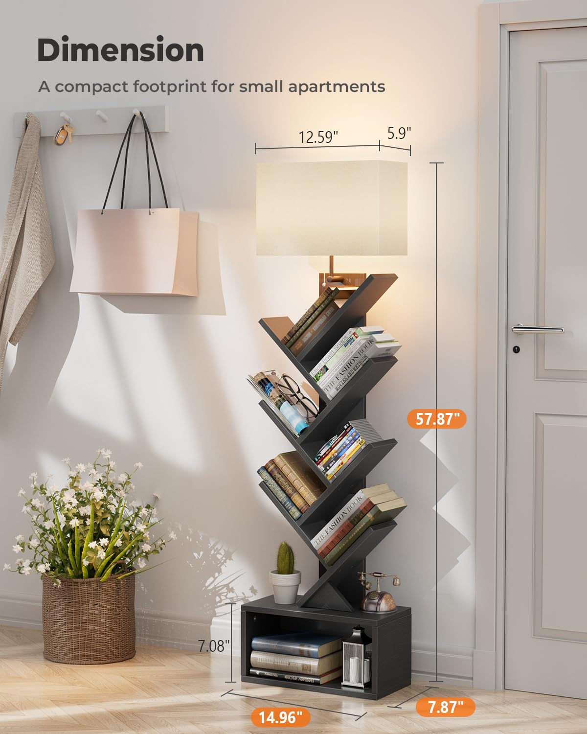 6 Tier Tree Bookshelf with Light, Black H704728