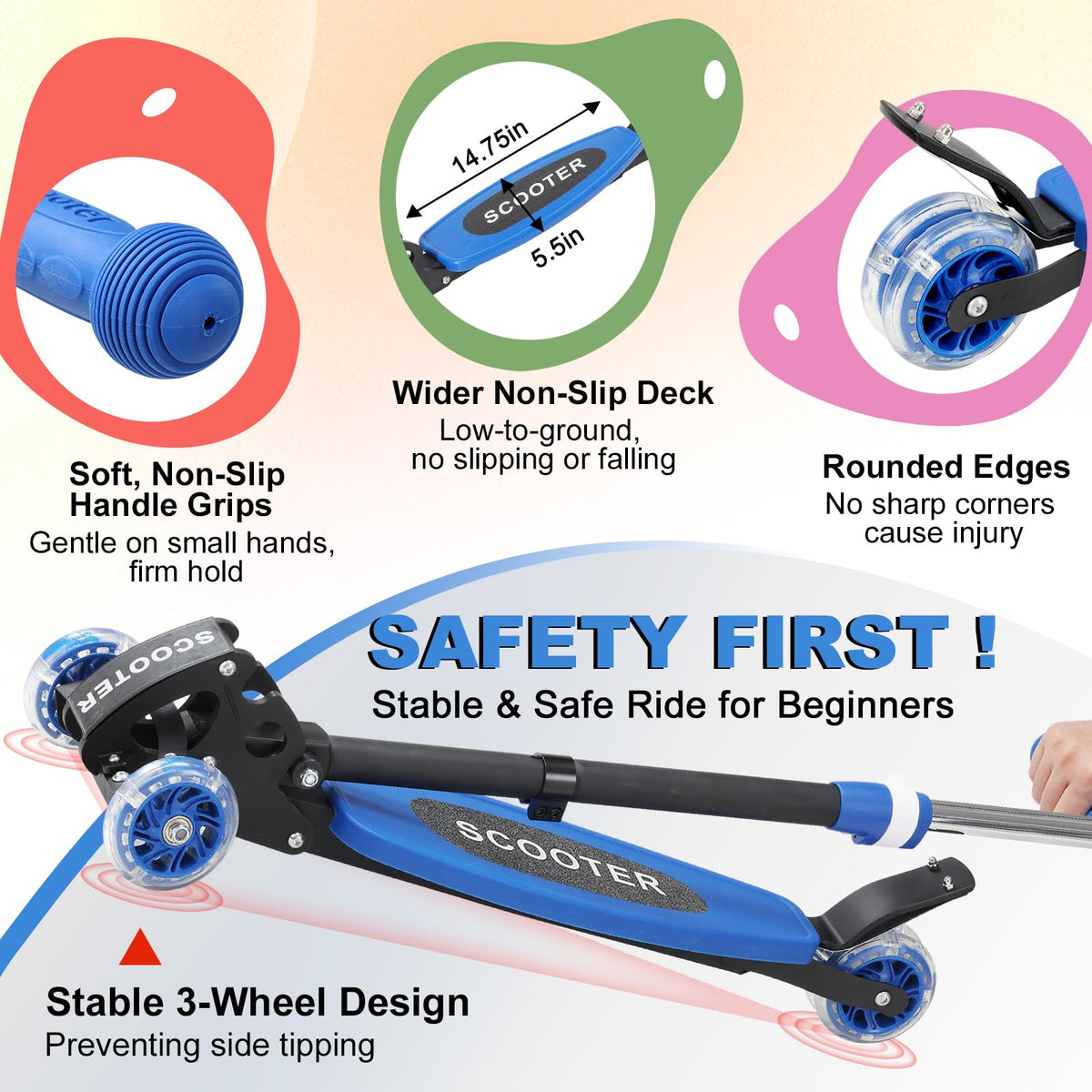 Light up 3 Wheels Folding Kick Scooter with Adjustable Handlebar C4140
