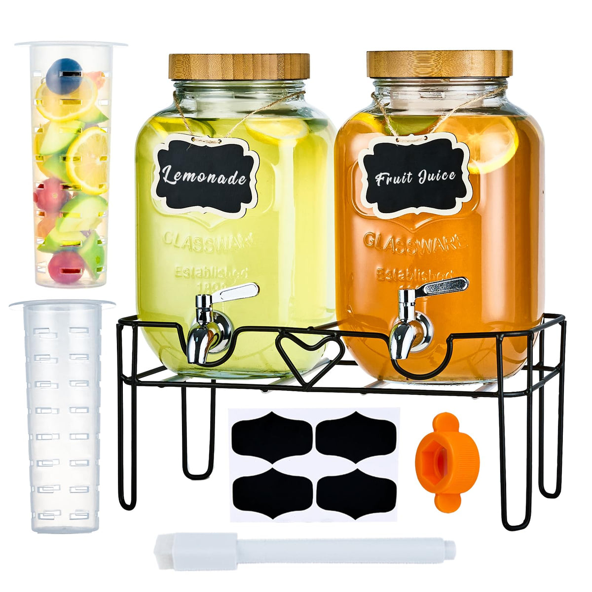 2 Pack 1 Gallon Glass Drink Dispenser with Stand and Fruit Infuser Z478