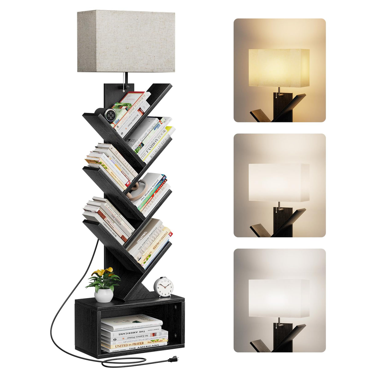 6 Tier Tree Bookshelf with Light, Black H704728