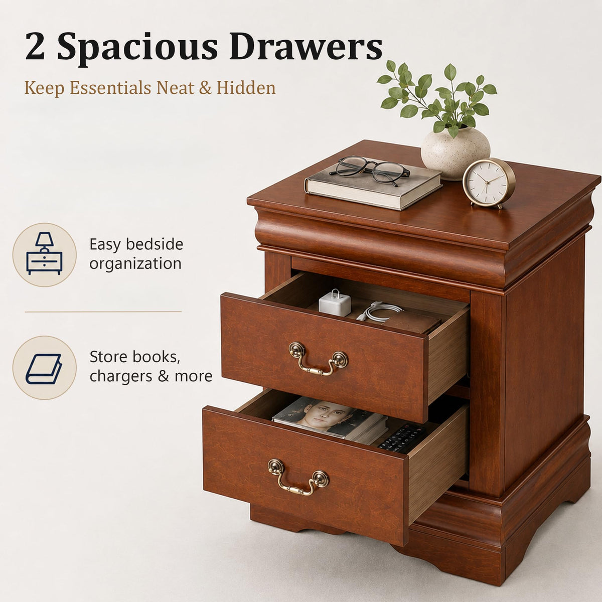 Solid Wood 2 Drawer Nightstand U69008