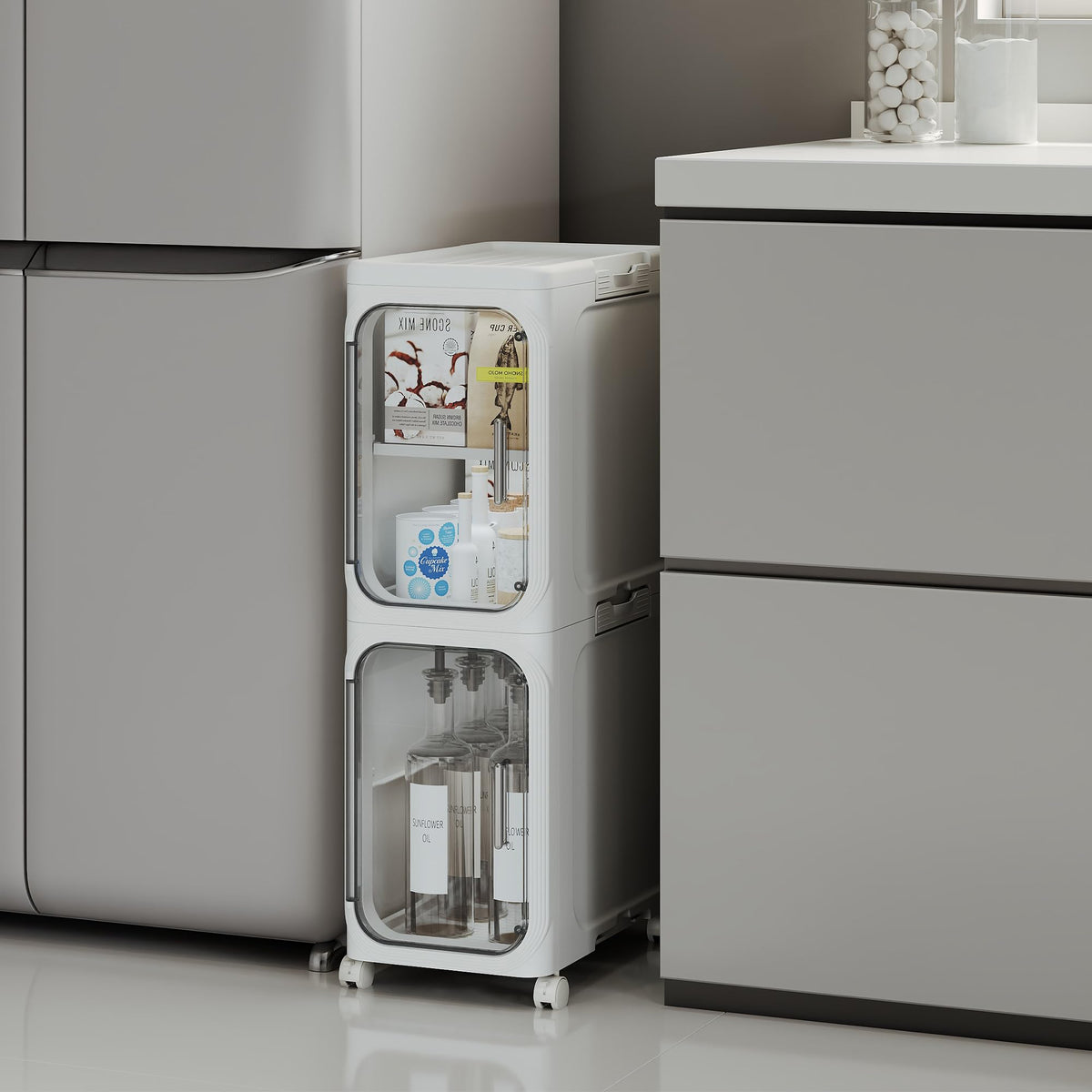Narrow Slim 2-Tier White Bathroom Storage Cabinet with Wheels F733