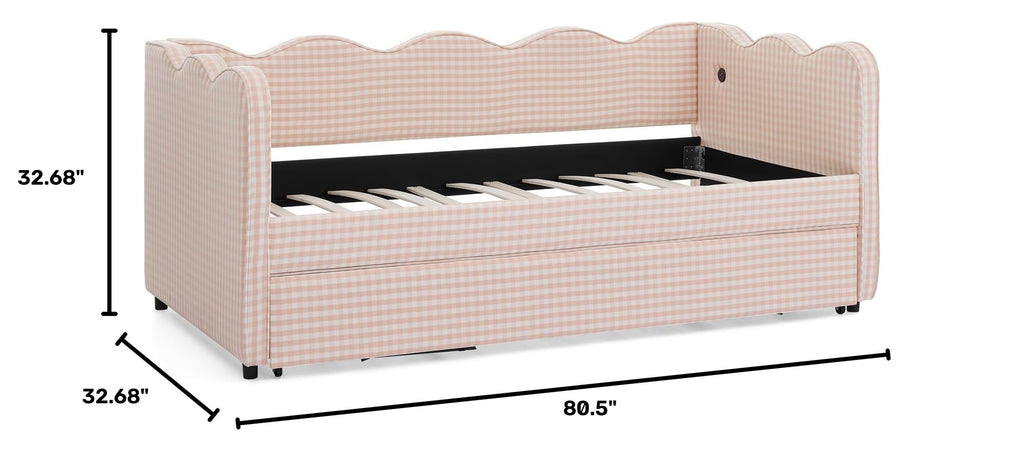 Pink Twin Size Upholstery Daybed with Trundle and USB Q246
