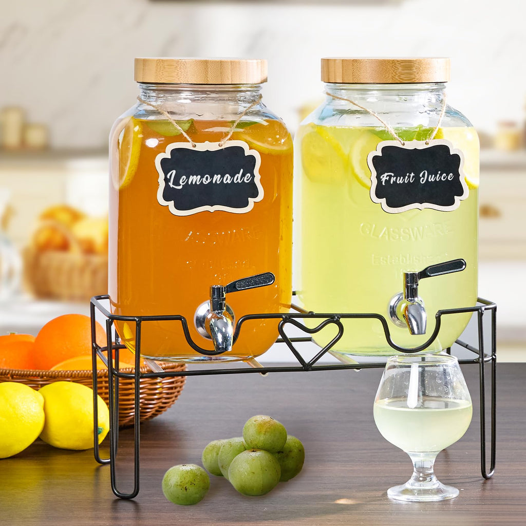 2 Pack 1 Gallon Glass Drink Dispenser with Stand and Fruit Infuser Z478