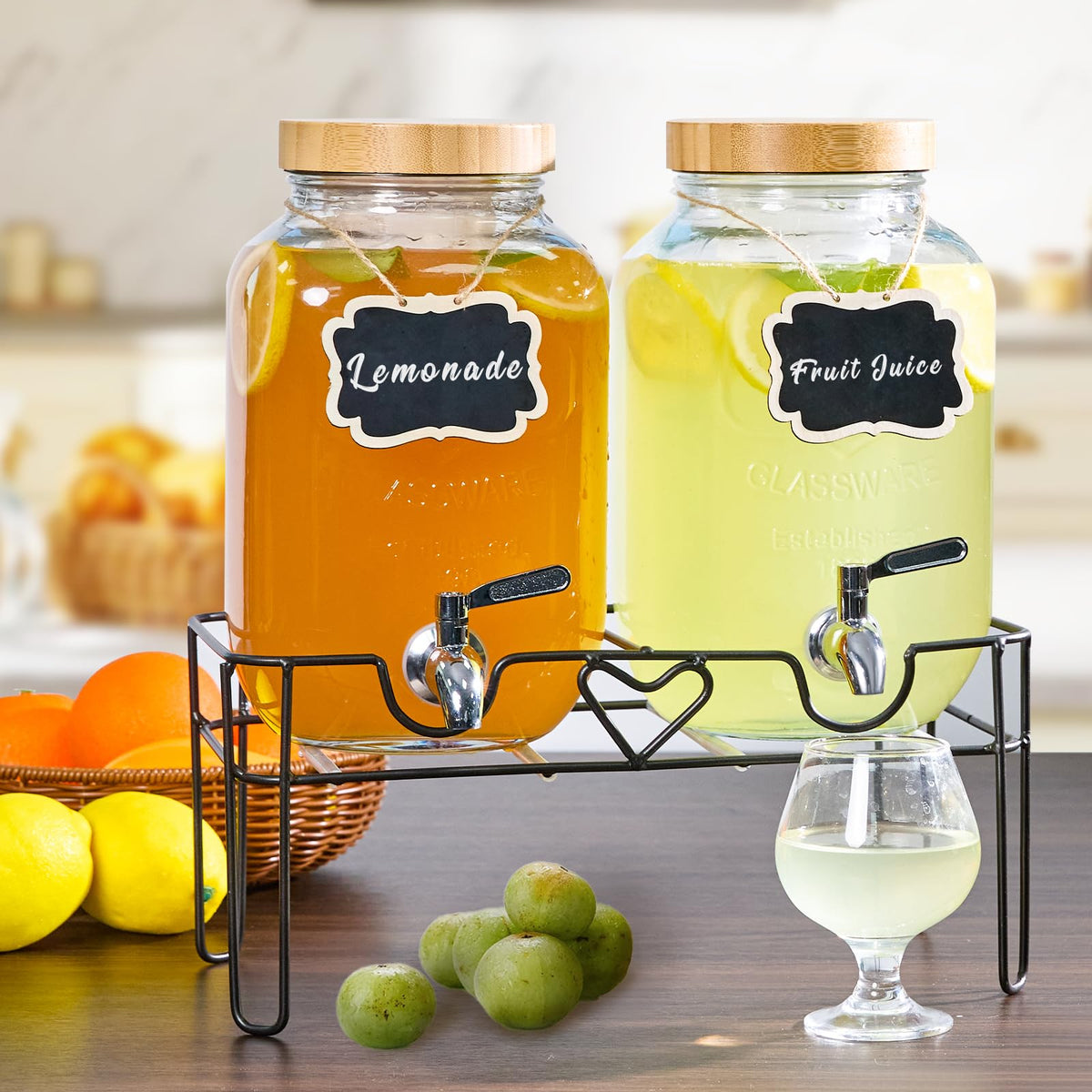 2 Pack 1 Gallon Glass Drink Dispenser with Stand and Fruit Infuser Z478