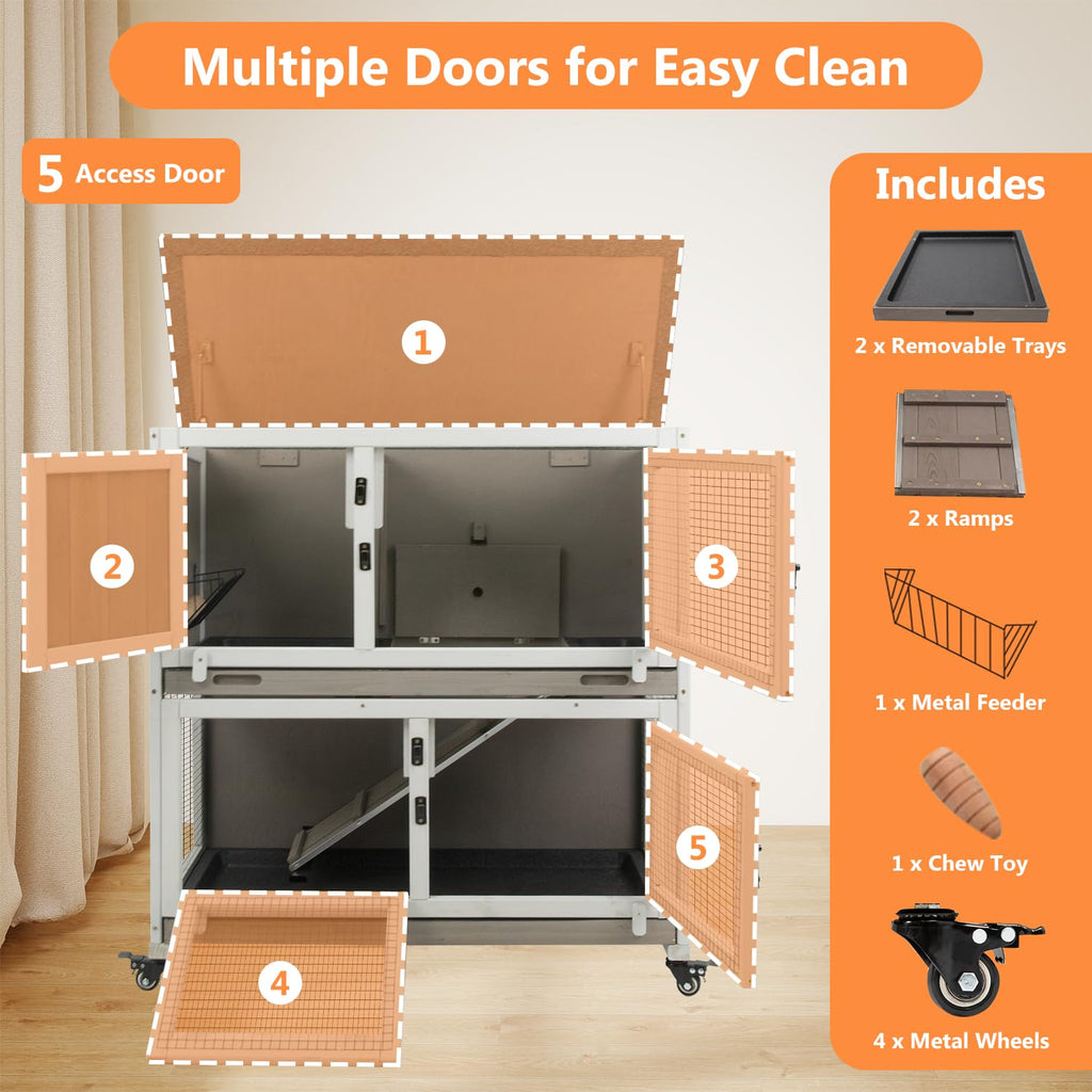 2-Story Wooden Rabbit Hutch with 4 Lockable Wheels J76941